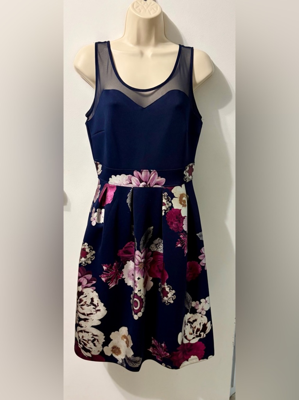 Enfocus Studio Navy Floral Mesh Yoke Fit & Flare Midi Dress